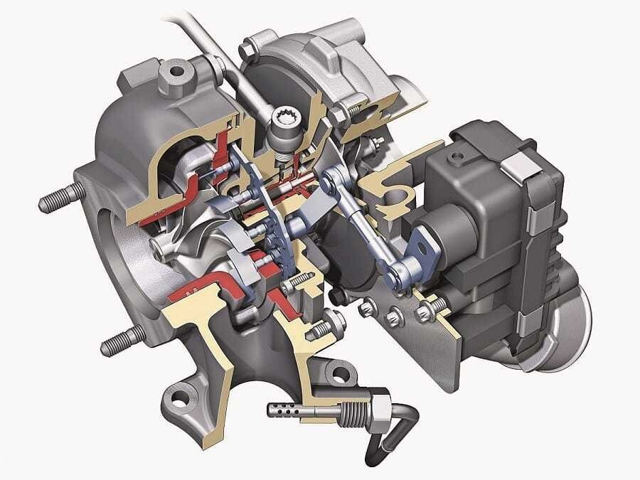 © KFZ Wirtschaft Komplexer Aufbau eines Turboladers mit variabler Turbinengeometrie für einen aktuellen Audi 3,0-Liter-V6- Turbodieselmotor