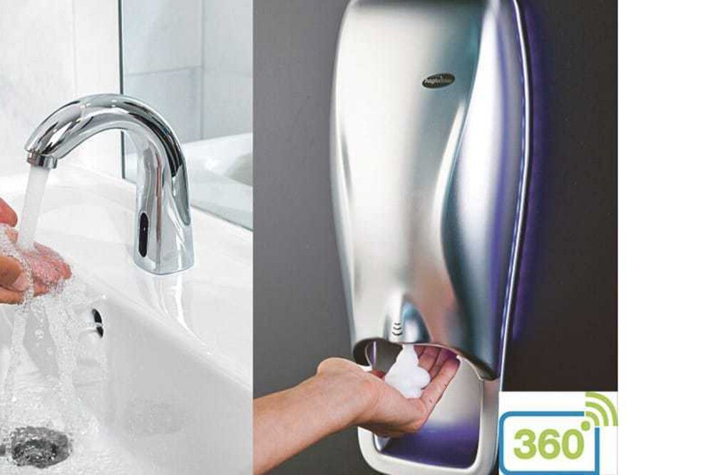 © Hersteller
Links: berührungslose Waschraumarmaturen; rechts: Xibu-Spender erstmals in Inox; unten: das neue Logo der 360°-Plattform Links: berührungslose Waschraumarmaturen; rechts: Xibu-Spender erstmals in Inox; unten: das neue Logo der 360°-Plattform