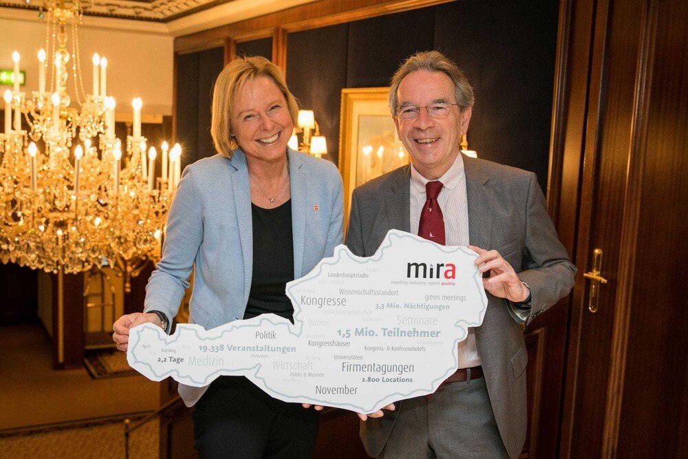 Petra Stolba und Christian Mutschlechner vermeldeten präsentieren eine positive Entwicklung im Veranstaltungstourismus.
© ÖW Petra Stolba und Christian Mutschlechner vermeldeten präsentieren eine positive Entwicklung im Veranstaltungstourismus.
