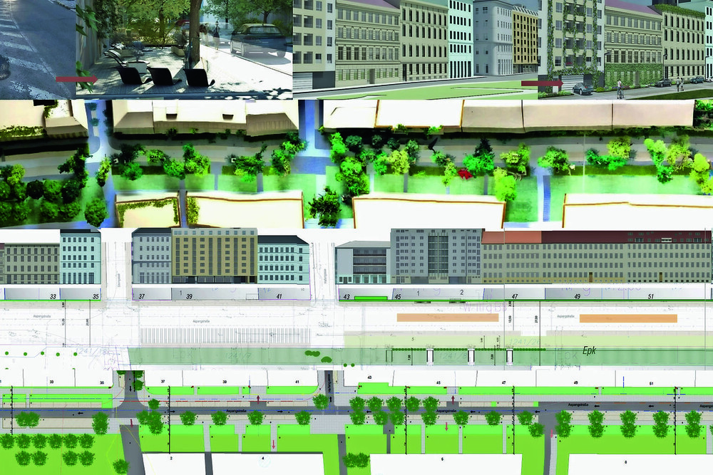 Das Planungskonzept „Greening Aspang“ basiert auf Untersuchungen zu Mikroklima, Bauphysik, Verkehr, Begrünungs- sowie Straßenbautechnik und integriert die Bewohnerinteressen.