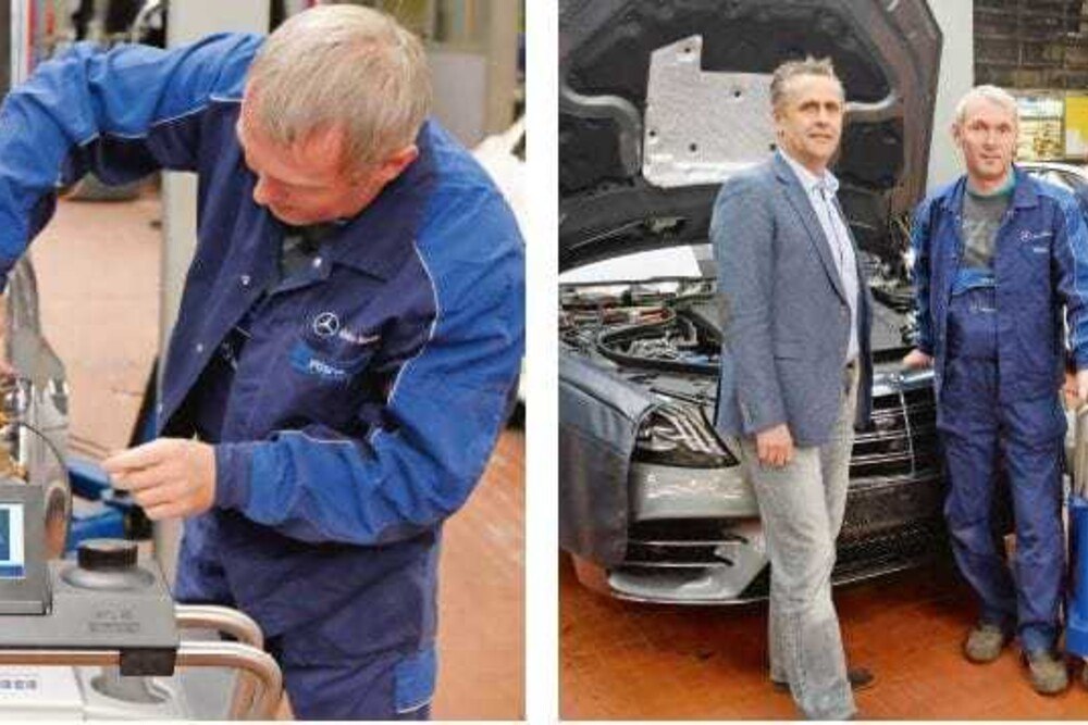 © KFZ Wirtschaft
Pappas Graz-Betriebsleiter Karl Proß und Werkstattmitarbeiter Thomas Pöschl demonstrieren vor dem AVL Ditest-Team Renate Kormann, Dietmar Muchitsch und Peter Kerschenbauer (rechtes Bild, v. l.), wie sich das vollautomatische CO2-Klimaservicegerät ADS 310 im Werkstattalltag bewährt. Pappas Graz-Betriebsleiter Karl Proß und Werkstattmitarbeiter Thomas Pöschl demonstrieren vor dem AVL Ditest-Team Renate Kormann, Dietmar Muchitsch und Peter Kerschenbauer (rechtes Bild, v. l.), wie sich das vollautomatische CO<sub>2</sub>-Klimaservicegerät ADS 310 im Werkstattalltag bewährt.