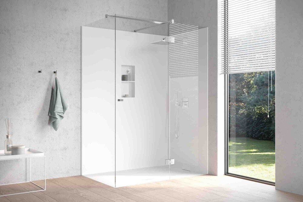 Eine bodenbündige Miraklon-Duschwanne, farblich angepasst an zwei Rückwände aus Corian, ein festes Glaselement, eine Glastür sowie Beschläge gehören zum Lieferumfang.
© Hasenkopf Eine bodenbündige Miraklon-Duschwanne, farblich angepasst an zwei Rückwände aus Corian, ein festes Glaselement, eine Glastür sowie Beschläge gehören zum Lieferumfang.