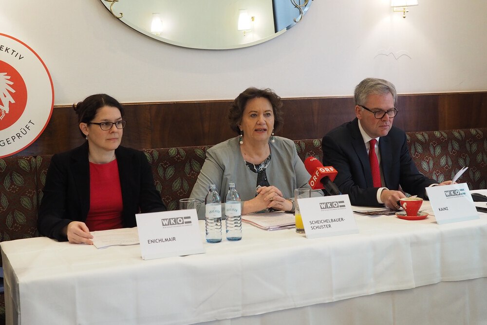 © Christoph Hautzenberger
Pressekonferenz zur Konjunktur im Gewerbe und Handwerk am 13. Jänner im Wiener Café Landtmann (v. l.): Christina Enichlmair (KMU Forschung Austria), Renate Scheichelbauer-Schuster (Obfrau der Bundessparte Gewerbe und Handwerk) und Reinhard Kainz, Geschäftsführer der Bundessparte. Pressekonferenz zur Konjunktur im Gewerbe und Handwerk am 13. Jänner im Wiener Café Landtmann (v. l.): Christina Enichlmair (KMU Forschung Austria), Renate Scheichelbauer-Schuster (Obfrau der Bundessparte Gewerbe und Handwerk) und Reinhard Kainz, Geschäftsführer der Bundessparte.
