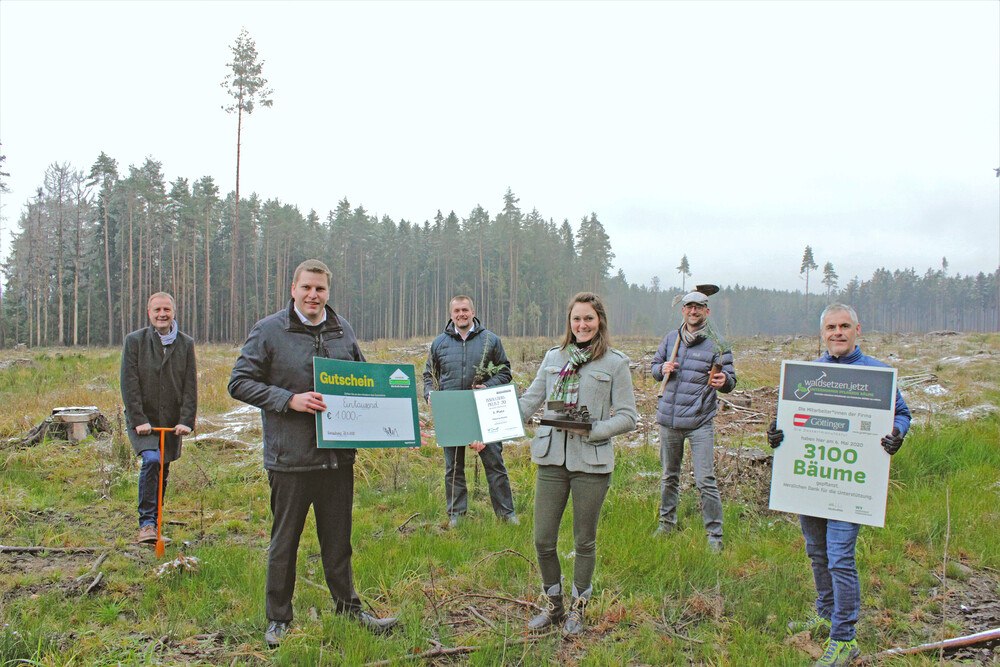 © Österr. Jungbauernschaft
Preisüberreichung im Wald: Jungbauern-Obmann Franz Xaver Broidl (vorne links) überreicht den Preis an Gewinnerin Viktoria Hutter und ihre Projektpartner Manfred Ergott (Druckerei Janetschek, 2. v. r.) und Thomas Göttinger (Göttinger Dessertmanufaktur, rechts). Ebenfalls unter den Gratulanten Wolfgang Gwiß (links) und Gerhard Bayer (3. v. l.) vom Raiffeisen Lagerhaus Waidhofen/Thaya. Preisüberreichung im Wald: Jungbauern-Obmann Franz Xaver Broidl (vorne links) überreicht den Preis an Gewinnerin Viktoria Hutter und ihre Projektpartner Manfred Ergott (Druckerei Janetschek, 2. v. r.) und Thomas Göttinger (Göttinger Dessertmanufaktur, rechts). Ebenfalls unter den Gratulanten Wolfgang Gwiß (links) und Gerhard Bayer (3. v. l.) vom Raiffeisen Lagerhaus Waidhofen/Thaya.