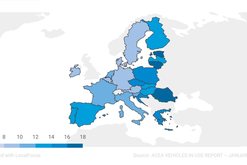 © ACEA
Die Karte zeigt wo die ältesten bzw. jüngsten Autos unterwegs sind (die Skala bezieht sich auf das Pkw-Durchschnittsalter in Jahren). Die Karte zeigt wo die ältesten bzw. jüngsten Autos unterwegs sind (die Skala bezieht sich auf das Pkw-Durchschnittsalter in Jahren).