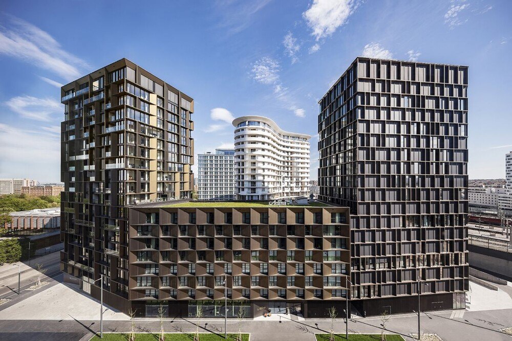© Romana Fürnkranz Gesamtansicht des vierteiligen Gebäudekomplexes Bel & Air am Areal des ehemaligen Südbahnhofs in Wien.