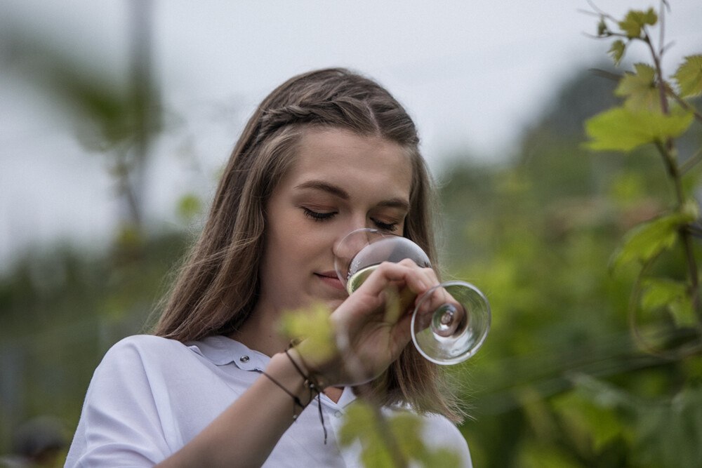 © Wein Steiermark / Flora P. Eine Frau nippt im Weinberg an einem Glas Wein.