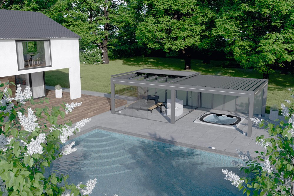 Modern und geradlinig: Das Lamellendach von TS-Aluminium ist mit einem Flachdach aus Glas kombinierbar und überzeugt in kubischer Architektur.