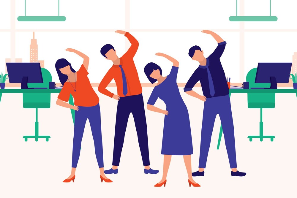 © iStock / Getty Images Plus / simplehappyart Illustration: Arbeitskräfte, die Übungen im Büro machen
