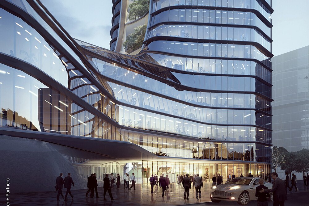 © Foster + Partners
Die elegant aufwärts schwingende Fassade, die das 5-geschossige Podium und den 29-geschossigen Turm zu einer Einheit verschmelzen lässt, ist das architektonische Highlight des MOL Campus in Budapest.
Die elegant aufwärts schwingende Fassade, die das 5-geschossige Podium und den 29-geschossigen Turm zu einer Einheit verschmelzen lässt, ist das architektonische Highlight des MOL Campus in Budapest.