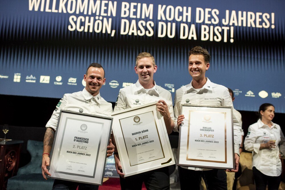 © Erik Witsoe Die drei Top-Platzierten des Wettbewerbs Koch des Jahres 2022