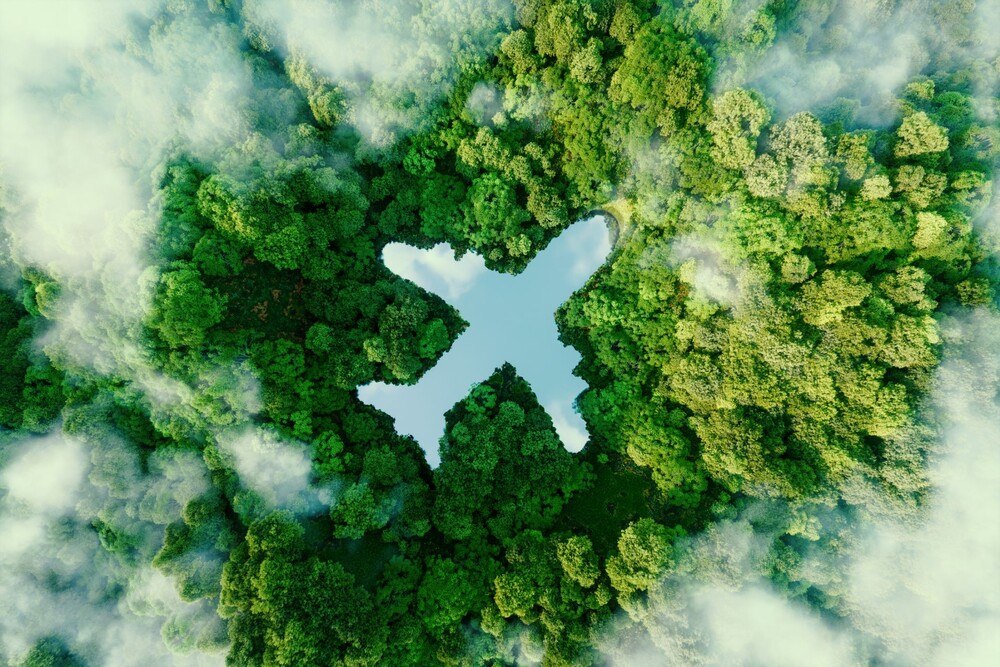 © iStock / Getty Images Plus / Petmal Ein See in Form eines Flugzeugs inmitten unberührter Natur