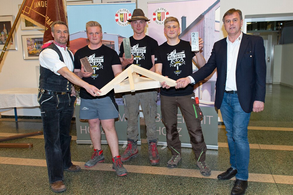© Mozart
Die besten oberösterreichischen Zimmererlehrlinge 2023 mit Gratulanten (v. l.): Landeslehrlingswart Martin Rübig, Tobias Martl (Platz 3), Dominik Siemers (Platz 1), Jeremias Schober (Platz 2) und Landesinnungsmeister Josef Frauscher.
Die besten oberösterreichischen Zimmererlehrlinge 2023 mit Gratulanten (v. l.): Landeslehrlingswart Martin Rübig, Tobias Martl (Platz 3), Dominik Siemers (Platz 1), Jeremias Schober (Platz 2) und Landesinnungsmeister Josef Frauscher.