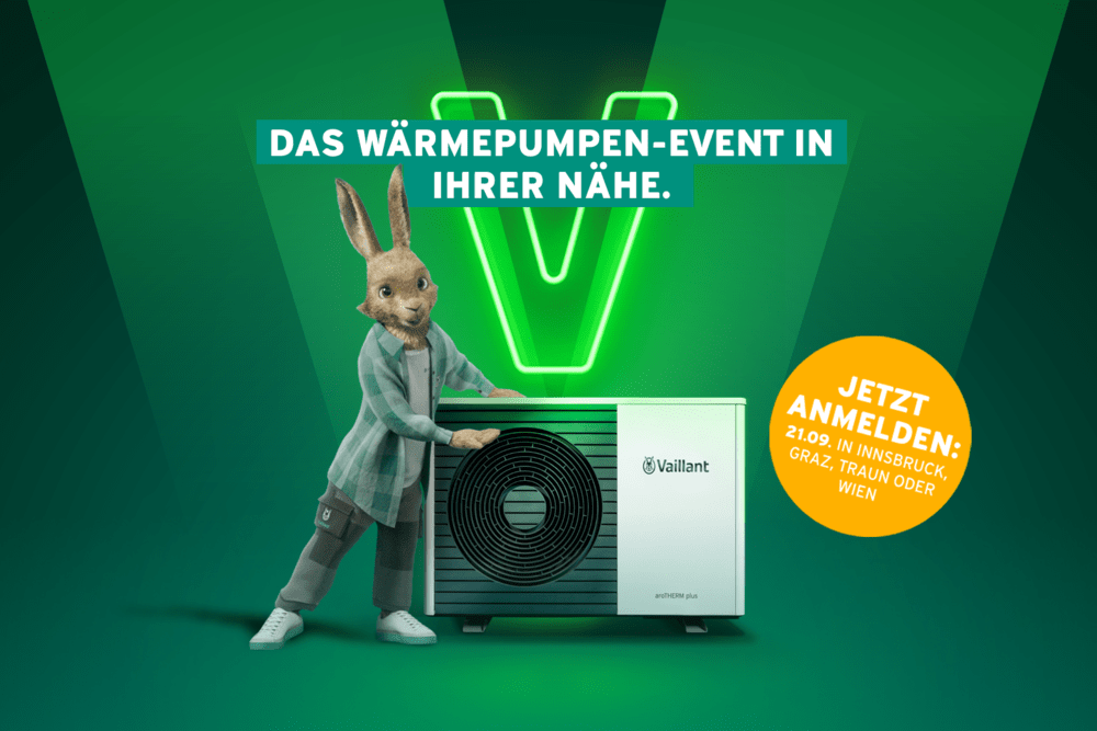 © Vaillant
Der Vaillant Hase lädt zum Wärmepumpen-Events des Jahres.
Grafik: der Vaillant Hase lehnt sich an einer Wärmepumpe an