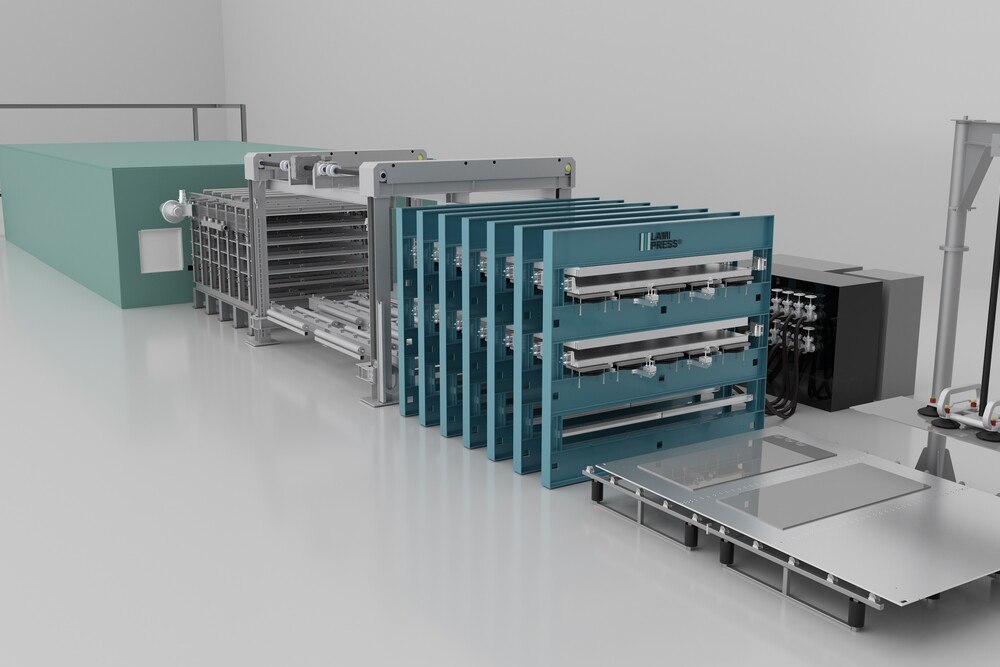 In der "DoublePress"-Ausführung und mit einem Nutzmaß von 6 x 3,21 Meter werden auf der "LamiPress" bis zu 250 Quadratmeter pro Schicht gefertigt.  