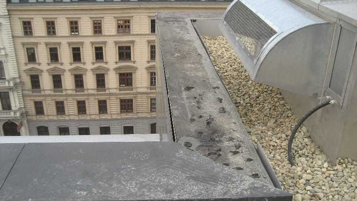 Unzulässige punktuelle Verklebung auf Bitumendachbahn. Foto: H. Köck, Rheinzink.