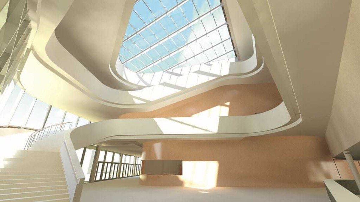 Verbindendes Element ist das großzügige Foyer mit einem Guggenheim‘schen Treppenaufgang, der bis zur Dachterrasse führt. Pläne und Rendering: Hascher Jehle Architektur mit Mitiska Wäger
