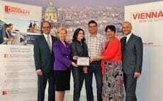Prof. Dr. Karl Wöber, Präsident der MODUL University Vienna, KommR.in Brigitte Jank, Präsidentin der Wirtschaftskammer Wien, die StipendiatInnen Oksana Sydor (2009), und Goran Pavlovi (2011), Vizebürgermeisterin Mag.a Renate Brauner, Präsidentin des WienTourismus, und Tourismusdirektor Norbert Kettner