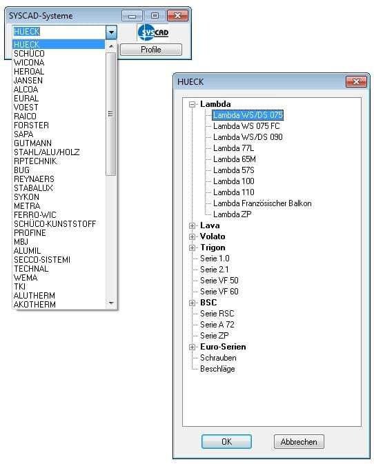 Lieferanten und Profilauswahl in SysCAD.