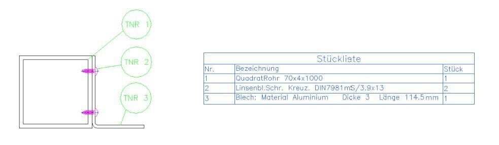 © SysCAD SysCAD-Tabelle mit automatischer Teilebeschriftung.
