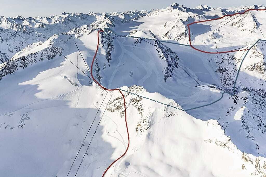 Innerhalb der blauen Linien sieht man das neue Skigebiet zwischen Pitztal (rot, oben) und Sölden (links von roter Linie unten und oben links)