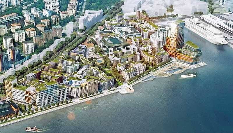 Blick von oben auf Södra Vartan, Teil des Stadterweiterungsgebiets Royal Seaport.