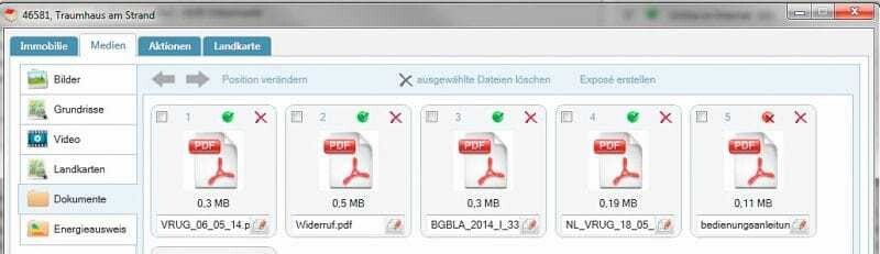 Lösung von Webreal: Der Makler kann alle relevanten Dokumente als PDF in der Dateiablage des Programms hinterlegen, sie stehen dann beim Versenden von Angeboten wieder zur Verfügung.