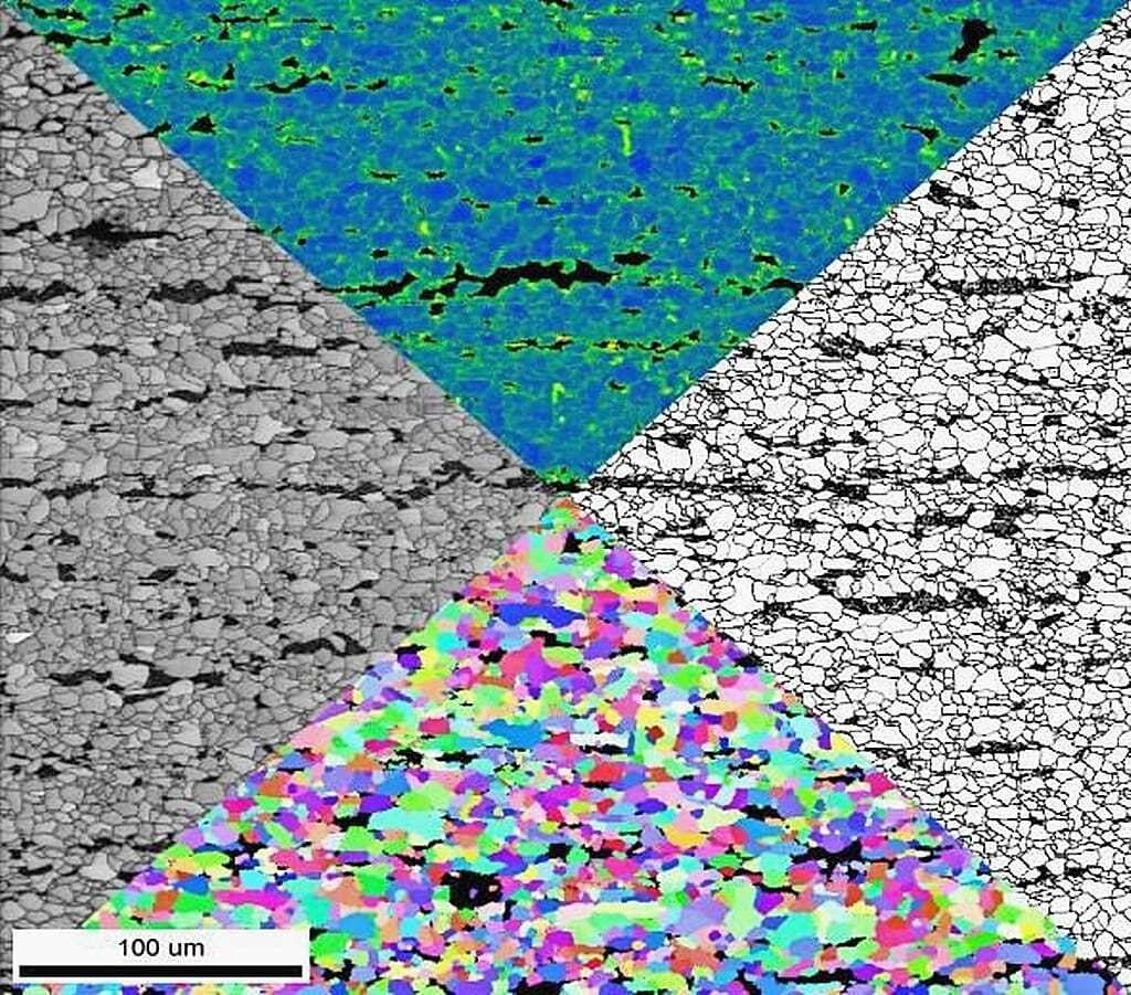 Die „Werkstoff-Collage“ zeigt unterschiedliche Methoden zur Charakterisierung der Mikrostruktur des Stahls.