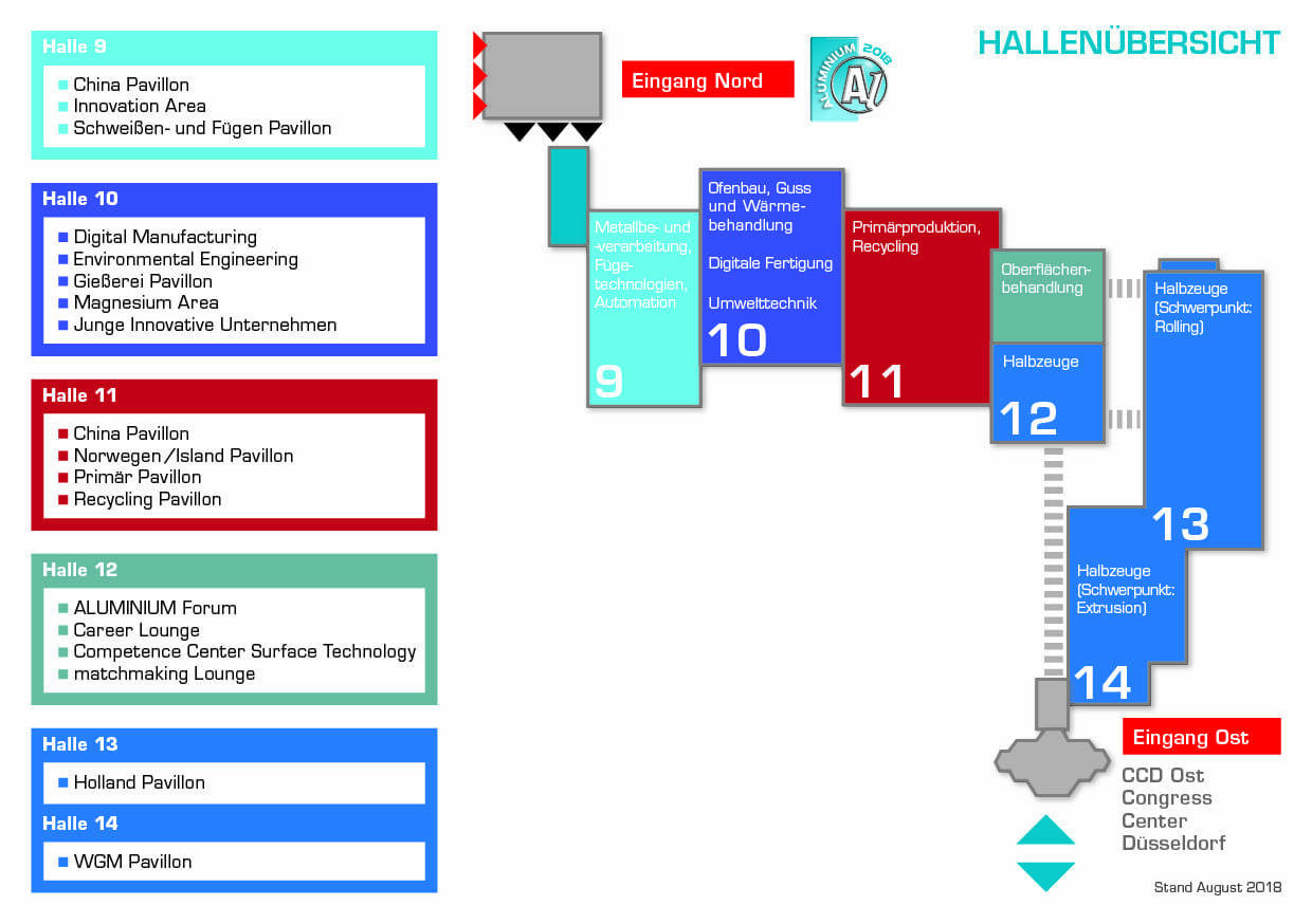 In sechs Messehallen präsentieren Global Player, Spezialisten und junge innovative Unternehmen das komplette Sortiment der Branche, von der Aluminiumproduktion über Maschinen und Anlagen für die Verarbeitung bis hin zu Halbzeugen, Endprodukten und Recycling.