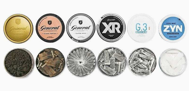 Von links nach rechts: Offener Snus, traditioneller Pouch sowie modernere Formen des Lutschtabaks in schmäleren (Superslim-)Säckchen. Ganz rechts ist ZYN als Vertreter der jungen Kategorie „all whites“ zu sehen. Die Konsumationsart unter der Oberlippe ist die gleiche wie bei Snus.