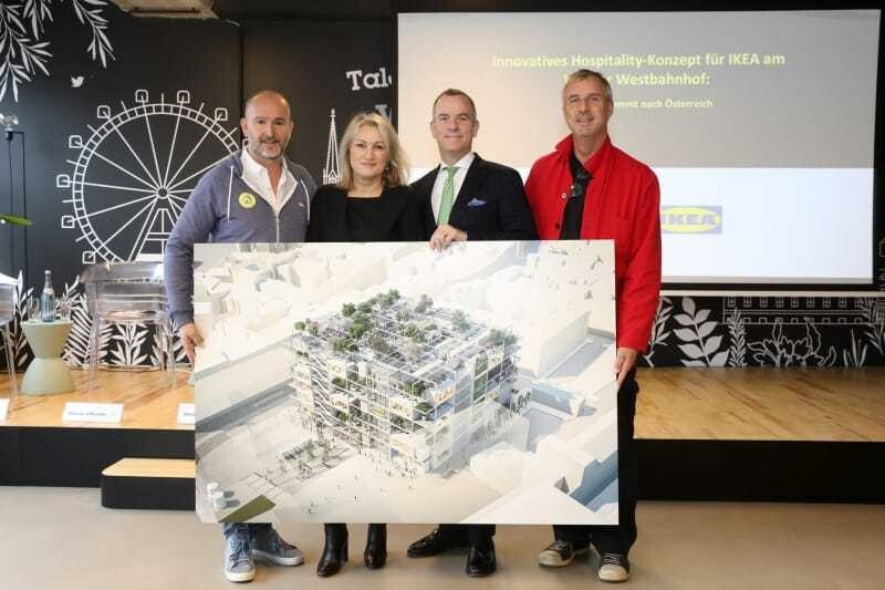 (v.l.n.r.) François Leclerc, Brand & Operations Vice-President JO&JOE Lifestyle Division, Viera Juzova, Geschäftsführerin von IKEA Österreich, Duncan O`Rourke, COO Central Europe Accor und Architekt Jakob Dunkl (querkraft architekten).