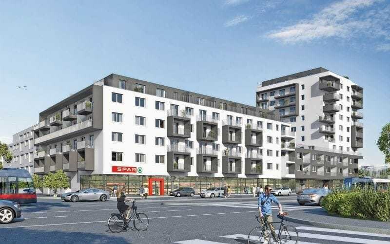 Das Wohnprojekt der Haring Group in der Erzherzog-Karl-Straße 105–107 soll bis Ende 2019 fertiggestellt werden und 143 Mietwohnungen umfassen.