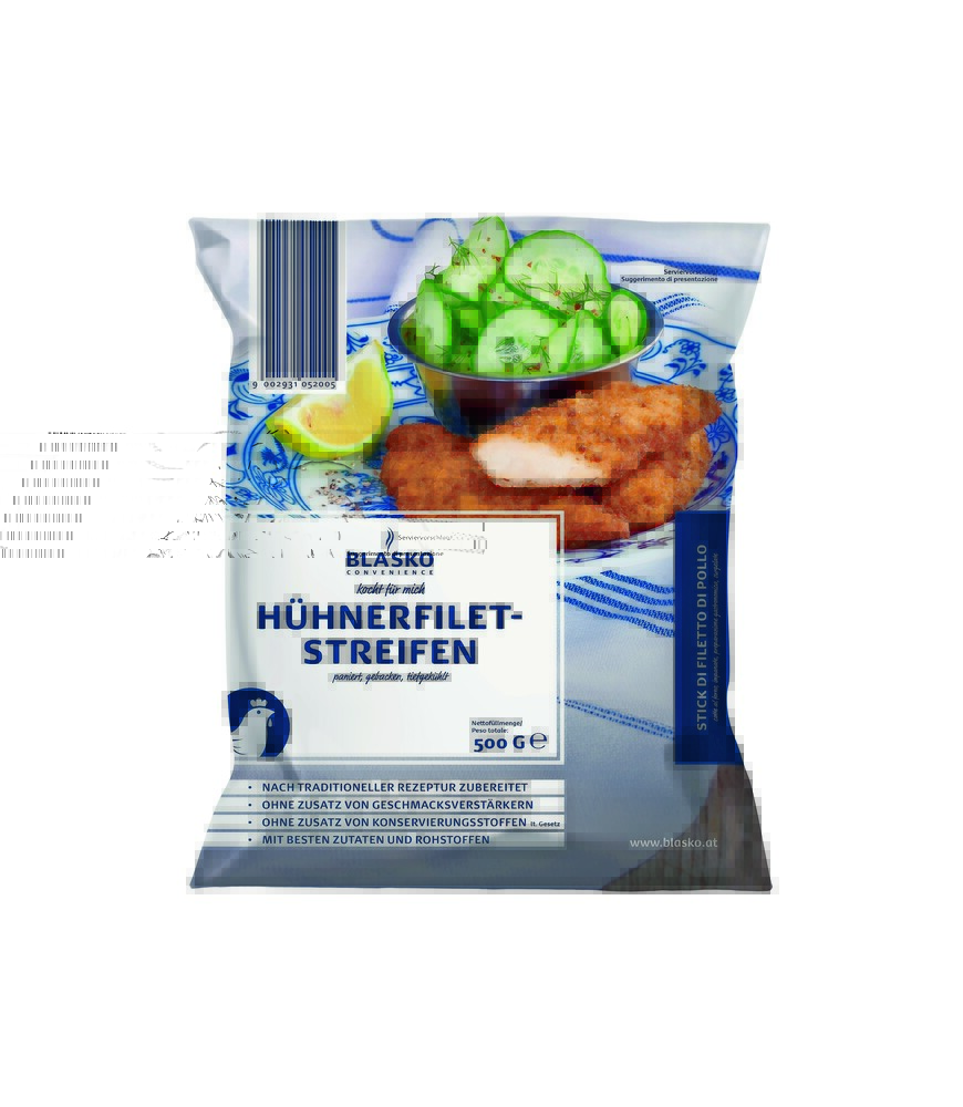 © Blasko Blasko-Hühnerfiletstreifen gebacken, tiefgekühlt. Verwendung: Bei 200 °C ca. 15 Minuten oder in der Pfanne/Fritteuse mit Pflanzenöl bei mittlerer Hitze unter ständigem Wenden ca. 5 Minuten zubereiten.