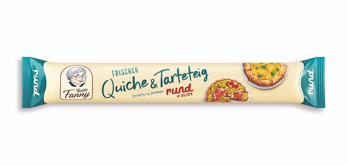 Der Quiche- & Tarteteig von Tante Fanny ist bereits rund zugeschnitten. Er ist für die vegane Ernährung geeignet. Tipp: Von Tante Fanny gibt es außerdem Pizza-, Blätterteig, Flammkuchenböden und Strudelteigblätter im extragroßen Format für die Gastronomie.