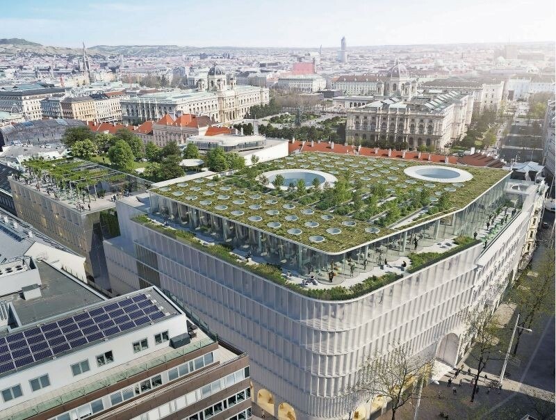 Mehr als ­ Alibi-Grün: Der rund tausend Quadratmeter große Dachgarten des KaDeWe Wien samt seines Baumbestands.