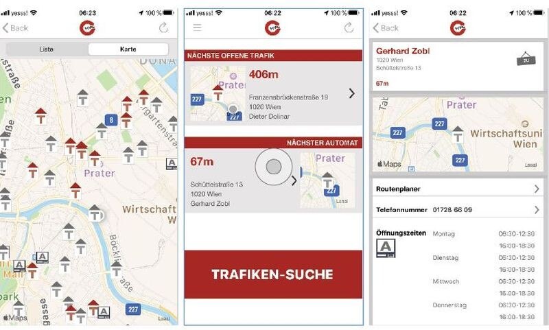 © mvg.at Die Trafikensuche-App geht von der Kartenumgebung ausgehend immer mehr ins Detail und zeigt auch die Öffnungszeiten der jeweiligen Trafik an.