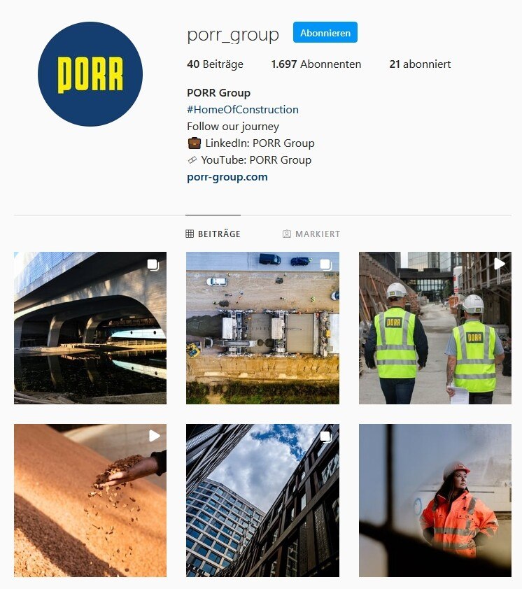 Der Instagram-Auftritt des österreichischen Baukonzerns Porr AG