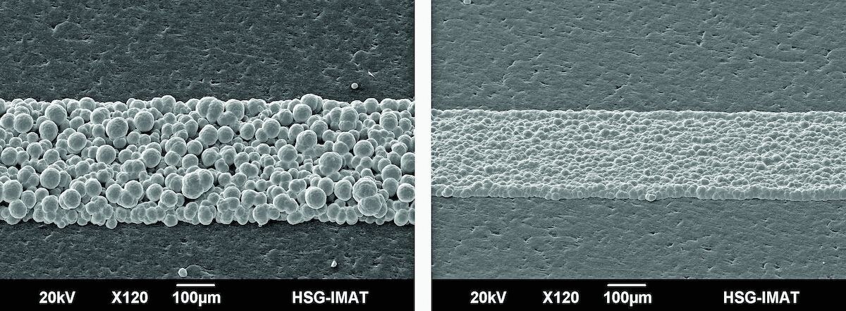 Bei der CO2-Schneestrahltechnologie werden aufgeraute Laserstrukturen gleichzeitig eingeebnet (rechtes Bild).