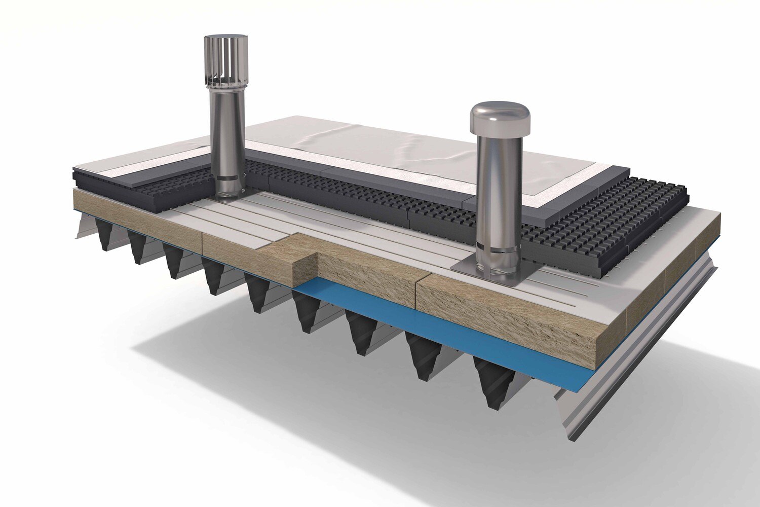 Aufbauschema eines Warmdach-Sanierungsystems.