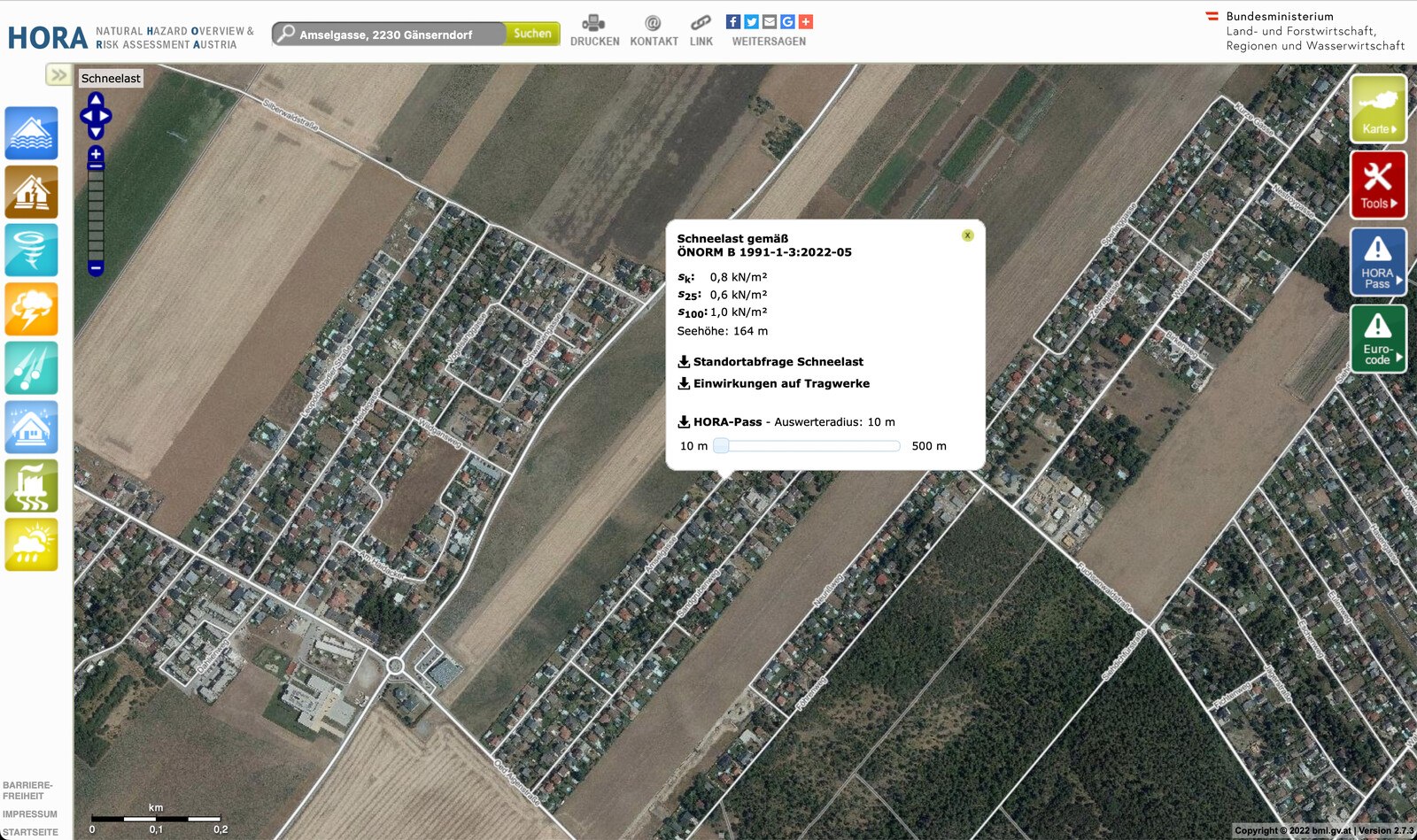 © hora.gv.at Für die hier dargestellte Position in Gänserndorf (NÖ) galt bisher eine Schneelast von 1,2 kN/m². Der neue Wert beträgt hier nur noch 0,8 kN/m², also um gut 30 Prozent weniger.