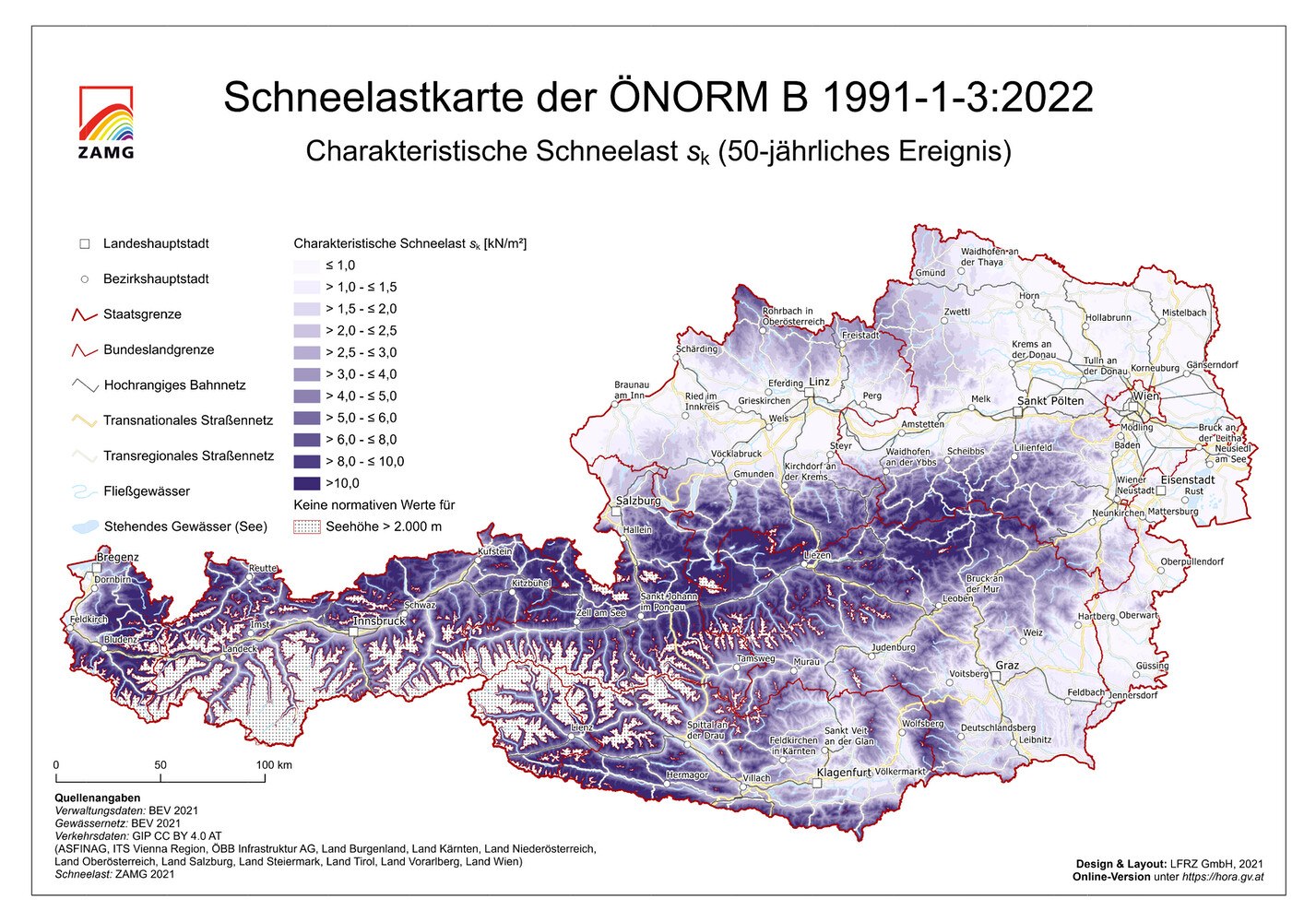 Charakteristische Schneelast sk für ein 50-jährliches Ereignis.