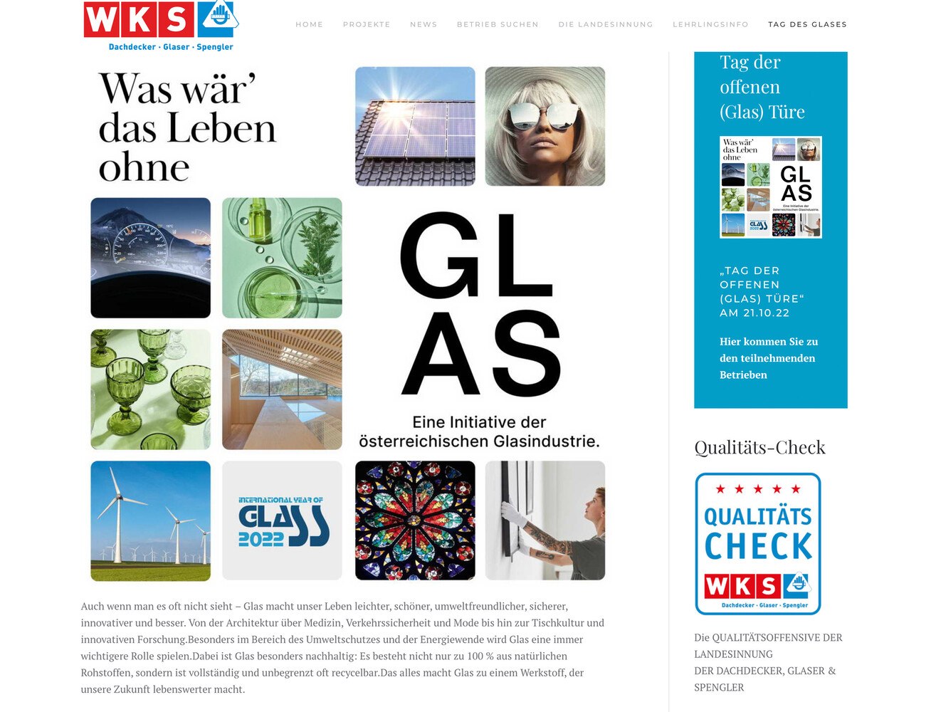 © LI Slbg. DGS Die Landesinnung Salzburg bewirbt den Tag des Glases online und verlinkt zu den teilnehmenden Glaserbetrieben.