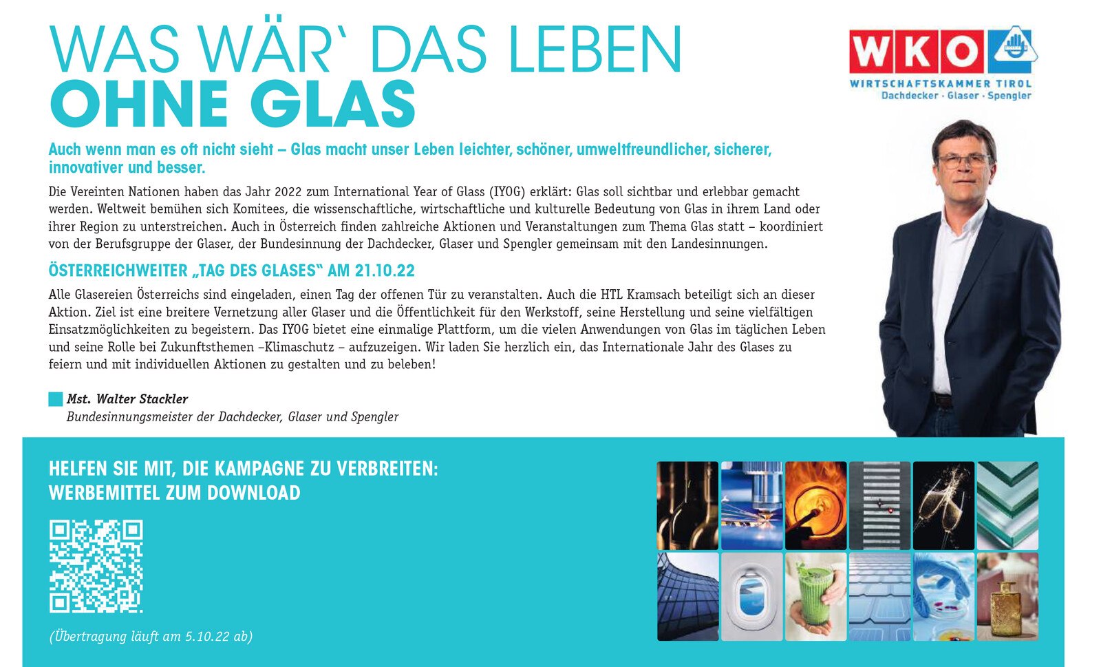 © LI Tirol DGS Die Tiroler Medienkampagne zum Jahr des Glases und dem österreichweiten Tag des Glases erscheint in den Bezirksblättern des Landes.