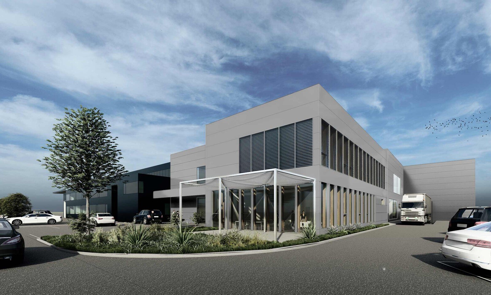 Visualisierung des An- bzw. Neubaus: In den kommenden zehn Monaten entsteht ein moderner, doppelgeschossiger Anbau mit 500 m² Büroflächen und rund 1.400 m² Produktionsfläche mit großem, direkt angebundenem Showroom.
