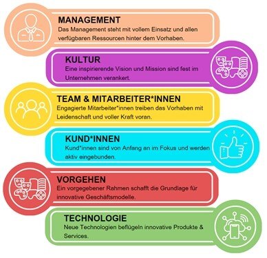 Grafik mit Gliederung: Management, Kultur, Team & Mitarbeiter*innen, Kund*innen, Vorgehen, Technologie