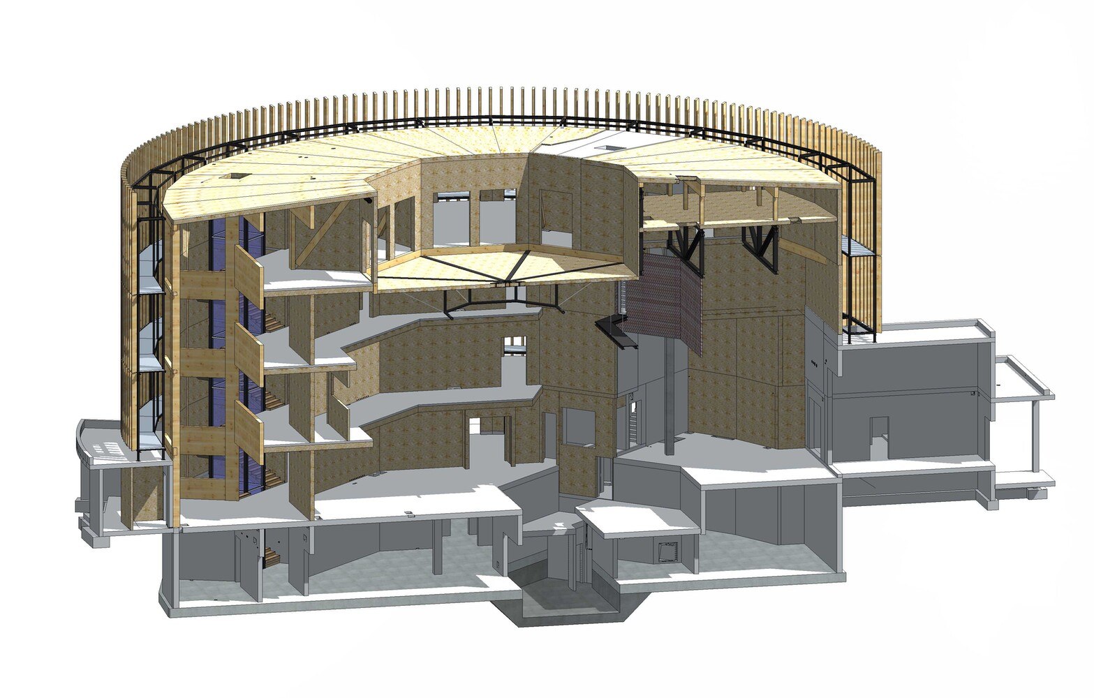 Querschnitt durch den Theaterbau, das Hauptgebäude, mit auskragenden Decken als Zuschauerränge und unterspannter Deckenkonstruktion für die Dachterrasse über dem Theatersaal. Die lichte Geschoßhöhe von 1. EG und 2. OG beträgt 3,77 m. Die Decke über dem 2. OG kragt 3,18 m bis zur unterspannten Terrassendecke aus.
