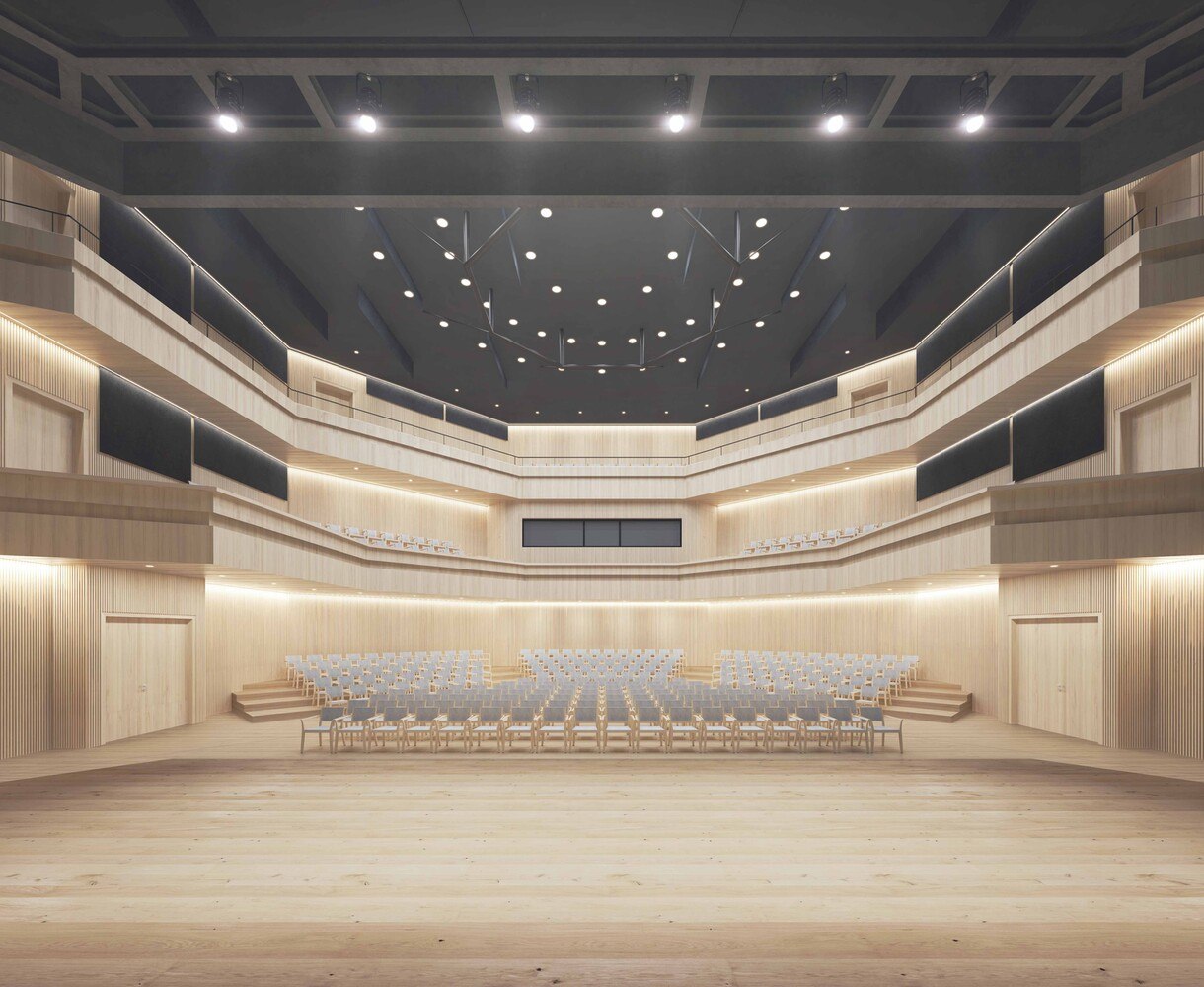Visualisierung des Theatersaals mit Blick von der Bühne in die Zuschauerbereiche.