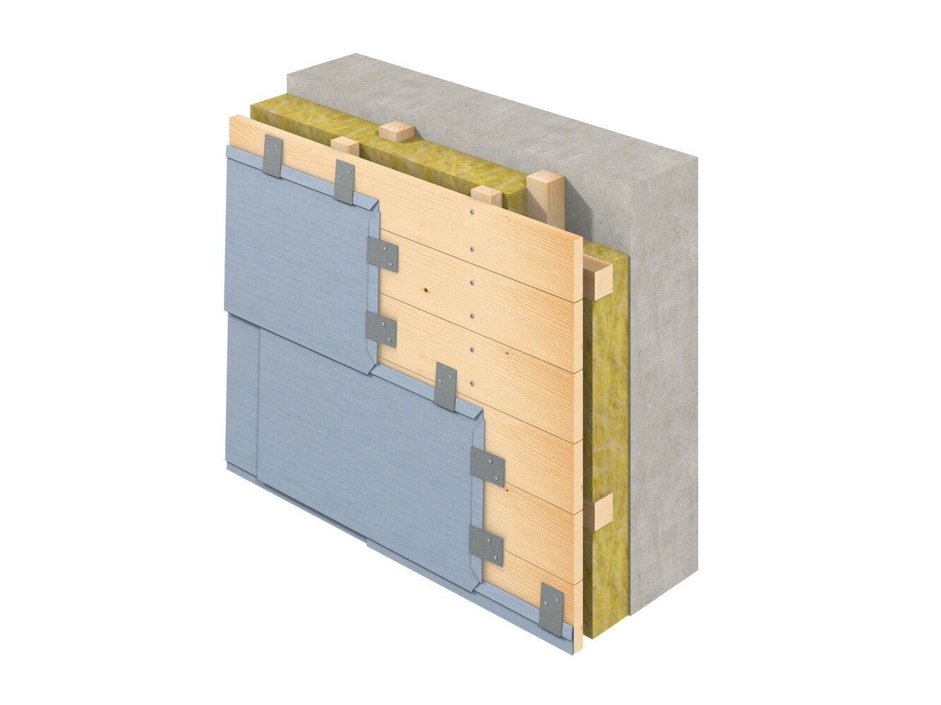 Metallfassade mit Holz-Unterkonstruktion.