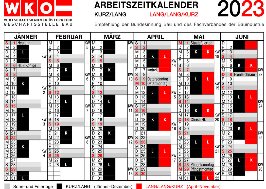 Arbeitszeitkalender "kurz/lang" für 2023  Handwerk+Bau