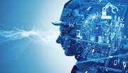 Fotomontage Mensch mit Bauhelm und Digitalisierung
